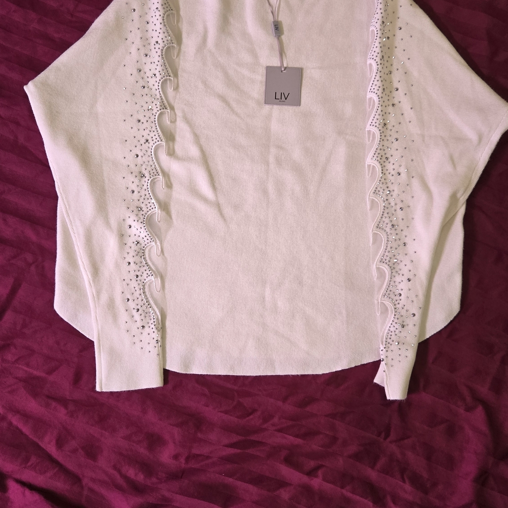 LIV Women's Cream Rhinestone Embellished Mesh Long Sleeve Sweater